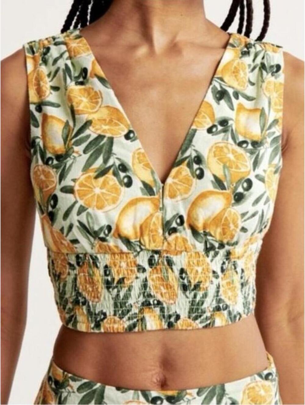 Abercrombie Lemon Print Crop Top Tie Back Smocked Tank XS NWT